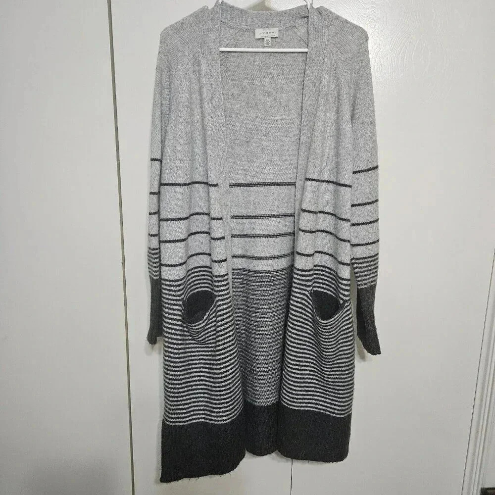 Lucky Brand Stripe Sweater Duster Women's Size Medium Knit Cardigan Pockets Grey